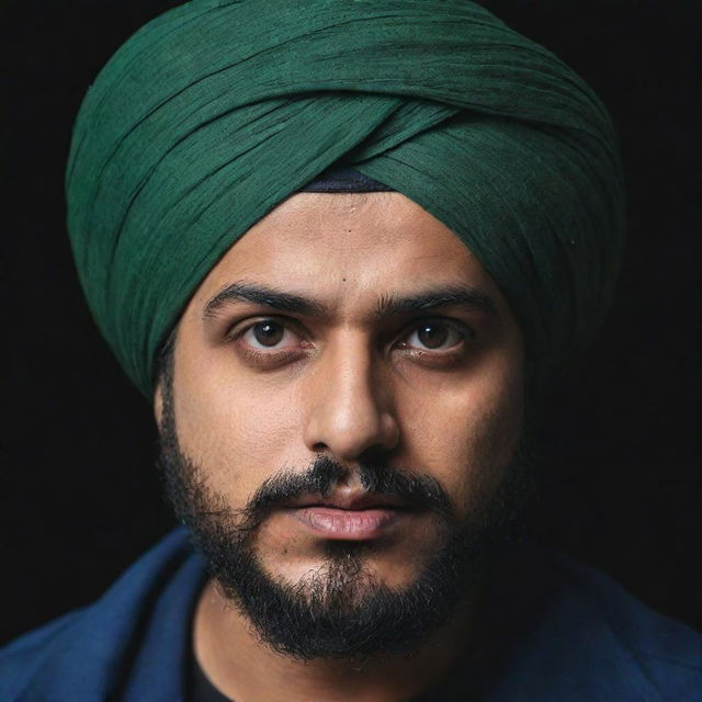 Generate a bold and powerful image of Sidhu Moosewala, a popular Punjabi singer, in a dramatic and intense setting. 