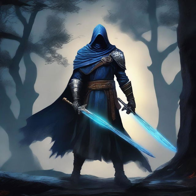 A skilled dark fantasy swordsman standing in a menacing pose, holding a cursed, glowing sword