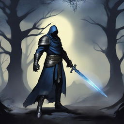 A skilled dark fantasy swordsman standing in a menacing pose, holding a cursed, glowing sword