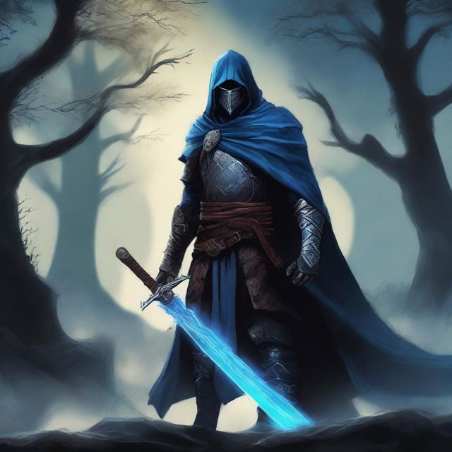 A skilled dark fantasy swordsman standing in a menacing pose, holding a cursed, glowing sword