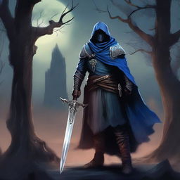 A skilled dark fantasy swordsman standing in a menacing pose, holding a cursed, glowing sword