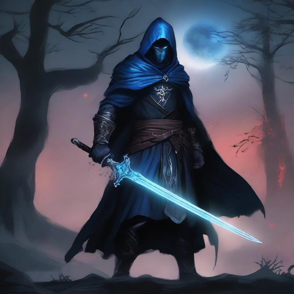 A skilled dark fantasy swordsman standing in a menacing pose, holding a cursed, glowing sword