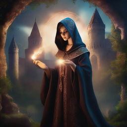 A medieval sorceress in a fantasy setting, casting a spell with magical runes glowing around her