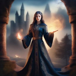 A medieval sorceress in a fantasy setting, casting a spell with magical runes glowing around her