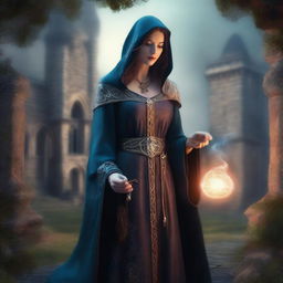 A medieval sorceress in a fantasy setting, casting a spell with magical runes glowing around her