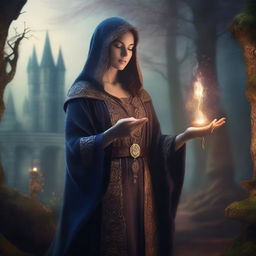 A medieval sorceress in a fantasy setting, casting a spell with magical runes glowing around her