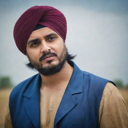 Generate a bold and powerful image of Sidhu Moosewala, a popular Punjabi singer, in a dramatic and intense setting. 