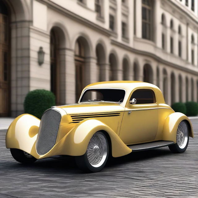 Create a custom supercar that is a fusion of a 1933 Chevrolet Coupe and a Bugatti