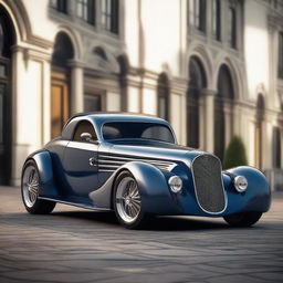 Create a custom supercar that is a fusion of a 1933 Chevrolet Coupe and a Bugatti