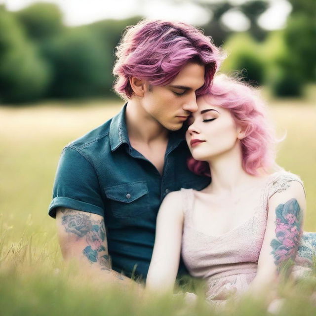 A captivating romance novel cover featuring a girl with short, wavy pink hair laying on the grass, gazing lovingly at a man with short black hair and visible tattoos