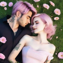 A captivating romance novel cover featuring a girl with short, wavy pink hair laying on the grass, gazing lovingly at a man with short black hair and visible tattoos