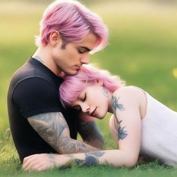 A captivating romance novel cover featuring a girl with short, wavy pink hair laying on the grass, gazing lovingly at a man with short black hair and visible tattoos