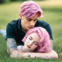 A captivating romance novel cover featuring a girl with short, wavy pink hair laying on the grass, gazing lovingly at a man with short black hair and visible tattoos