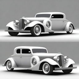 Create a custom supercar that fuses the classic design elements of a 1932 Buick Victoria with modern wide tires