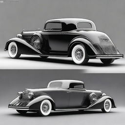 Create a custom supercar that fuses the classic design elements of a 1932 Buick Victoria with modern wide tires