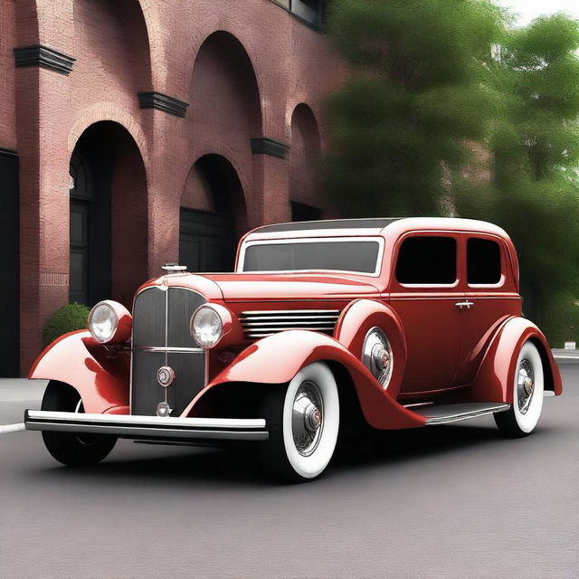 Create a custom supercar that fuses the classic design elements of a 1932 Buick Victoria with modern wide tires