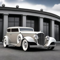 Create a custom supercar that fuses the classic design elements of a 1932 Buick Victoria with modern wide tires