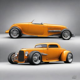 Create a custom supercar that is a fusion of a 1932 Chevrolet Coupe and a McLaren, with no bumper and no rear fenders