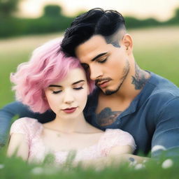 A captivating romance novel cover featuring a girl with short, wavy pink hair laying on the grass, gazing lovingly at a man with short black hair and visible tattoos