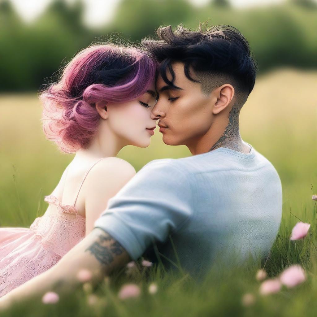 A captivating romance novel cover featuring a girl with short, wavy pink hair laying on the grass, gazing lovingly at a man with short black hair and visible tattoos