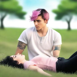 A captivating romance novel cover featuring a girl with short, wavy pink hair laying on the grass, gazing lovingly at a man with short black hair and visible tattoos