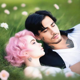 A captivating romance novel cover featuring a girl with short, wavy pink hair laying on the grass, gazing lovingly at a man with short black hair and visible tattoos