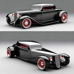 Create a custom supercar that is a fusion of a 1932 Chevrolet Coupe and a McLaren, with no bumper, no rear fenders, and wide tires