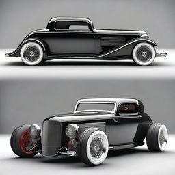 Create a custom supercar that is a fusion of a 1932 Chevrolet Coupe and a McLaren, with no bumper, no rear fenders, and wide tires