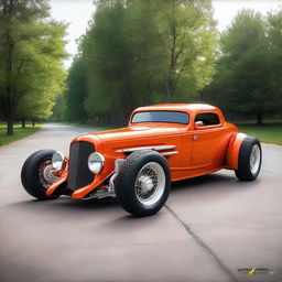 Create a custom supercar that is a fusion of a 1932 Chevrolet Coupe and a McLaren, with no bumper, no rear fenders, and wide tires