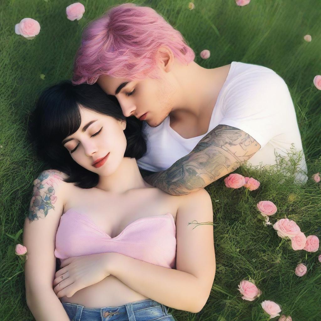 A captivating romance novel cover featuring a girl with short, wavy pink hair laying on the grass, gazing lovingly at a man with short black hair and visible tattoos