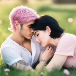 A captivating romance novel cover featuring a girl with short, wavy pink hair laying on the grass, gazing lovingly at a man with short black hair and visible tattoos