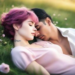 A captivating romance novel cover featuring a girl with short, wavy pink hair laying on the grass, gazing lovingly at a man with short black hair and visible tattoos