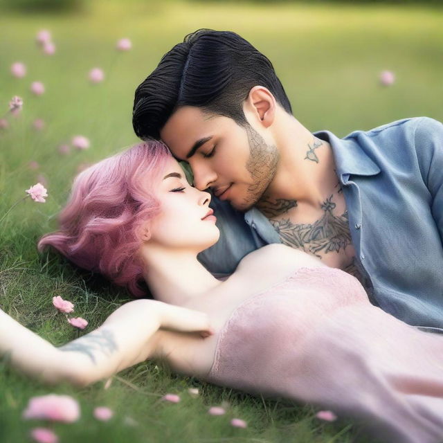 A captivating romance novel cover featuring a girl with short, wavy pink hair laying on the grass, gazing lovingly at a man with short black hair and visible tattoos