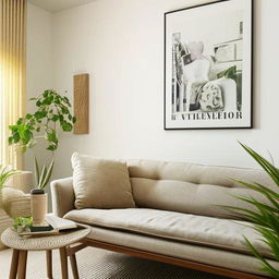 A stylish, modern showhome standard living room interior with natural light pouring in, a cozy sofa, a chic coffee table, trendy wall art and lush indoor plants.