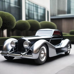 Create a custom supercar that combines the classic design elements of a 1932 Buick Victoria with the modern, high-performance features of a McLaren, infused with a cyberpunk aesthetic