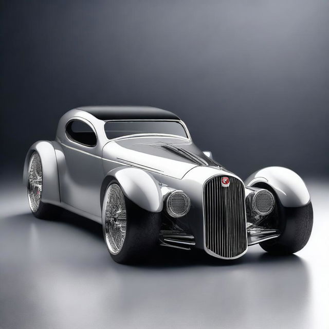 Create a custom supercar that combines the classic design elements of a 1932 Buick Victoria with the modern, high-performance features of a McLaren, infused with a cyberpunk aesthetic