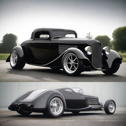 Create a custom supercar that is a fusion of a 1932 Chevrolet Coupe and a McLaren, with no bumper, no rear fenders, and tall big tires