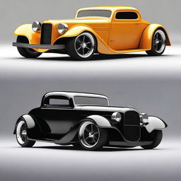 Create a custom supercar that is a fusion of a 1932 Chevrolet Coupe and a McLaren, with no bumper, no rear fenders, and tall big tires