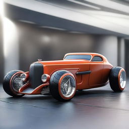 Create a custom supercar that is a fusion of a 1932 Chevrolet Coupe and a McLaren concept car, with no bumper, no rear fenders, and tall big tires