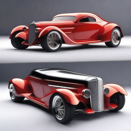 Create a custom supercar that is a fusion of a 1932 Chevrolet Coupe and a McLaren concept car, with no bumper, no rear fenders, and tall big tires