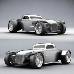 Create a custom supercar that is a fusion of a 1932 Chevrolet Coupe and a McLaren hypercar, with no bumper, no rear fenders, and tall big tires