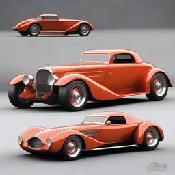 Create a custom supercar that is a fusion of a 1932 Chevrolet Coupe and a McLaren hypercar, with no bumper, no rear fenders, and tall big tires