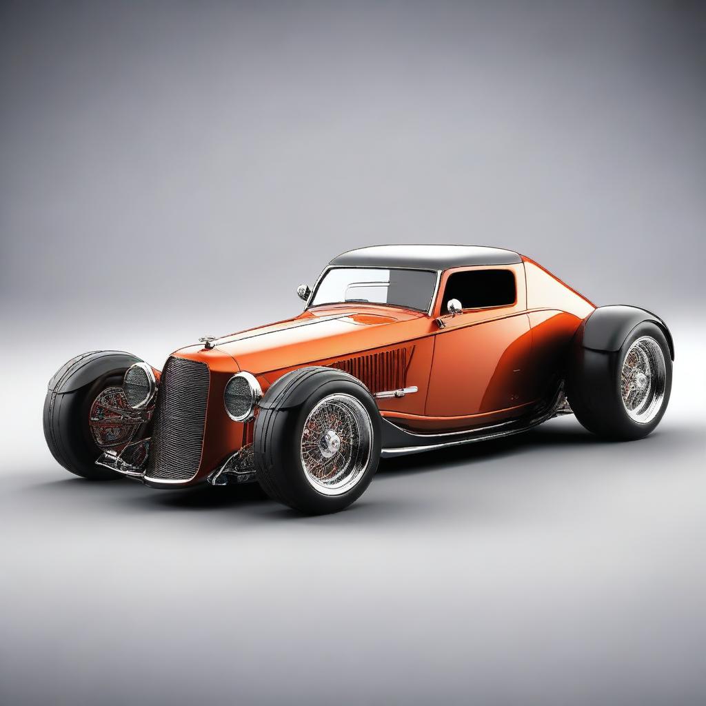 Create a custom hypercar that is a fusion of a 1932 Chevrolet Coupe and a McLaren hypercar, with no bumper, no rear fenders, and tall big tires