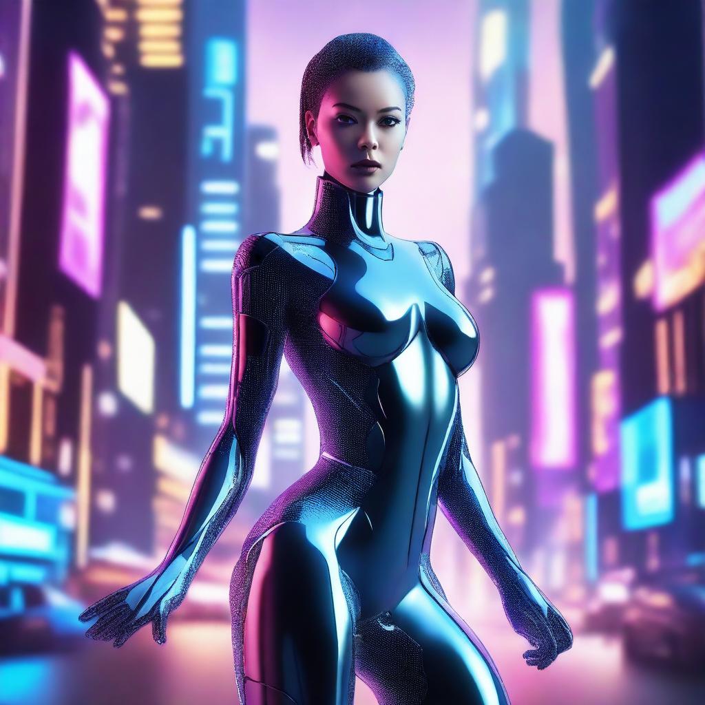 A stunning depiction of a futuristic AI woman with sleek, cybernetic features