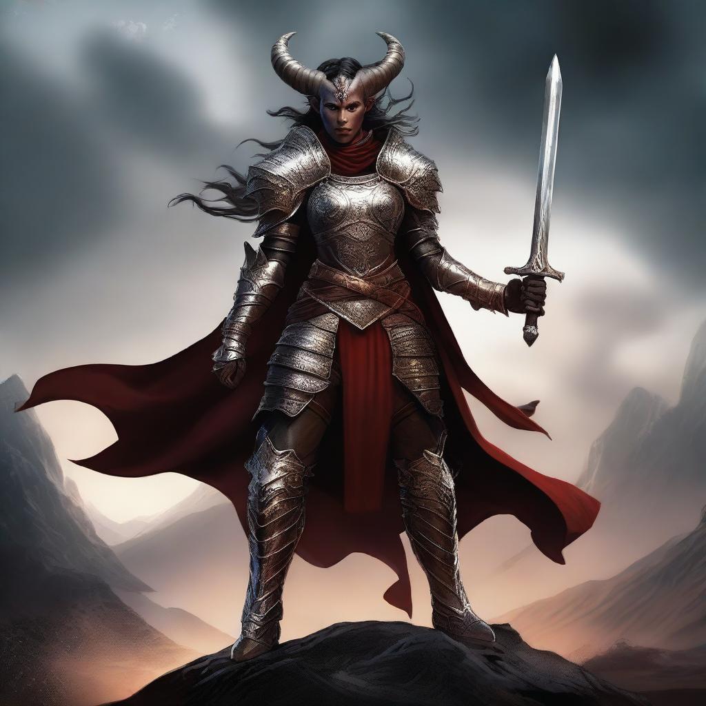 Create an image of an intimidating female tiefling paladin with curved horns