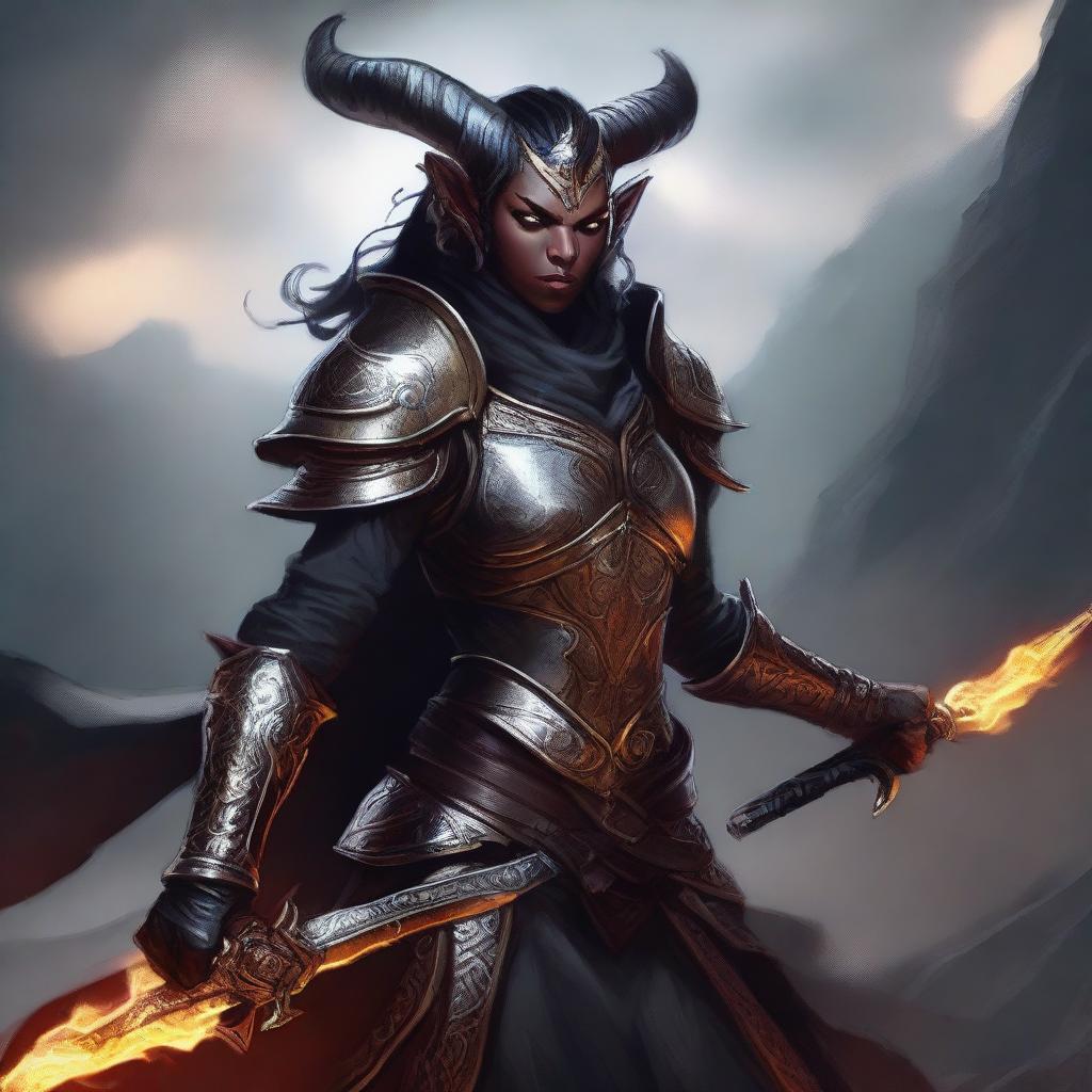 Create an image of an intimidating female tiefling paladin with curved horns