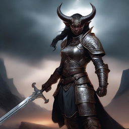 Create an image of an intimidating female tiefling paladin with curved horns