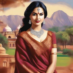 A captivating depiction of a beautiful Indian woman in a traditional yet stylish outfit