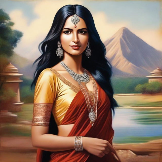 A captivating depiction of a beautiful Indian woman in a traditional yet stylish outfit