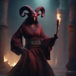 Create an image of a scary looking female tiefling with ram horns